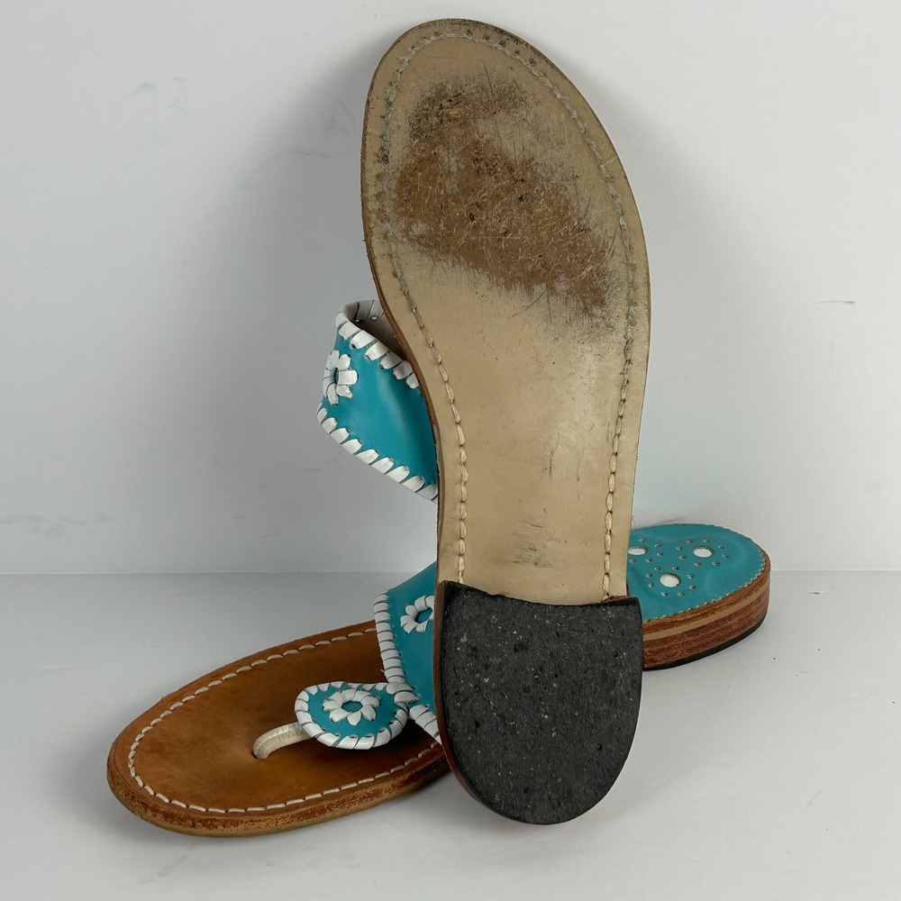 Jack Rogers Original Jack Flat Sandals Turquoise Leather Whipstitch Rondelle 9 M - Picture 7 of 7